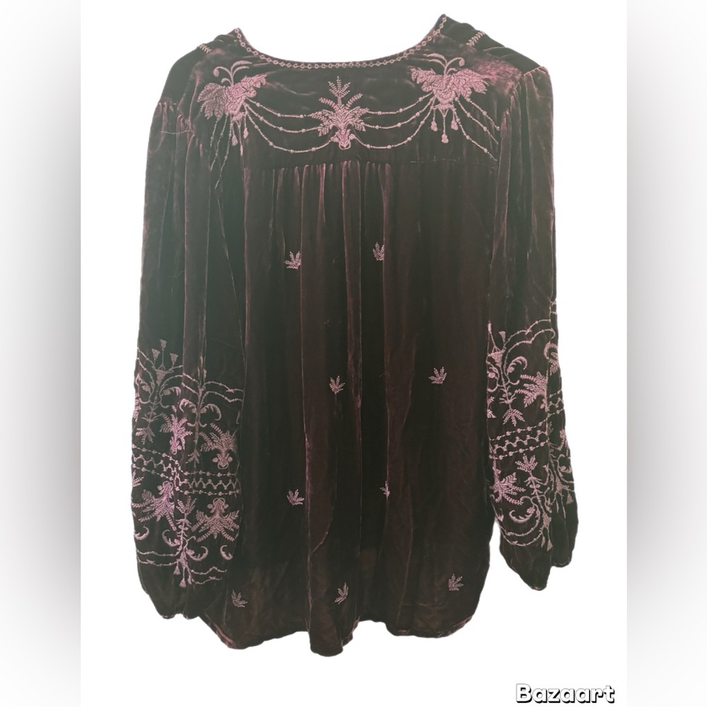 Johnny Was Velvet Blouse - Deep Purple with Pink Embroidery - Picture 2 of 4